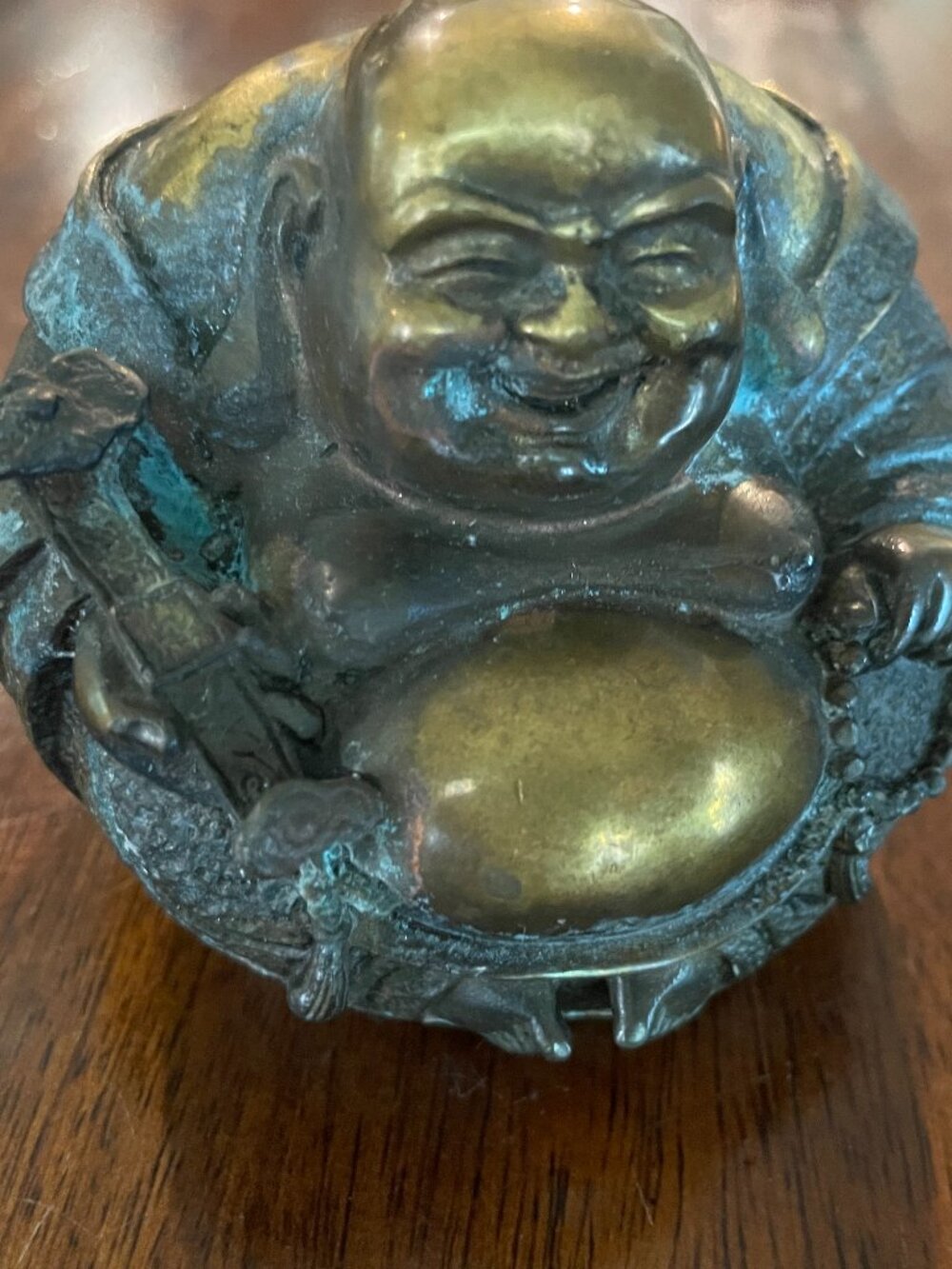 Vtg. Bronze Happy Laughing Buddha Statue Wealth Feng Shui Sculpture 3" Oxidized